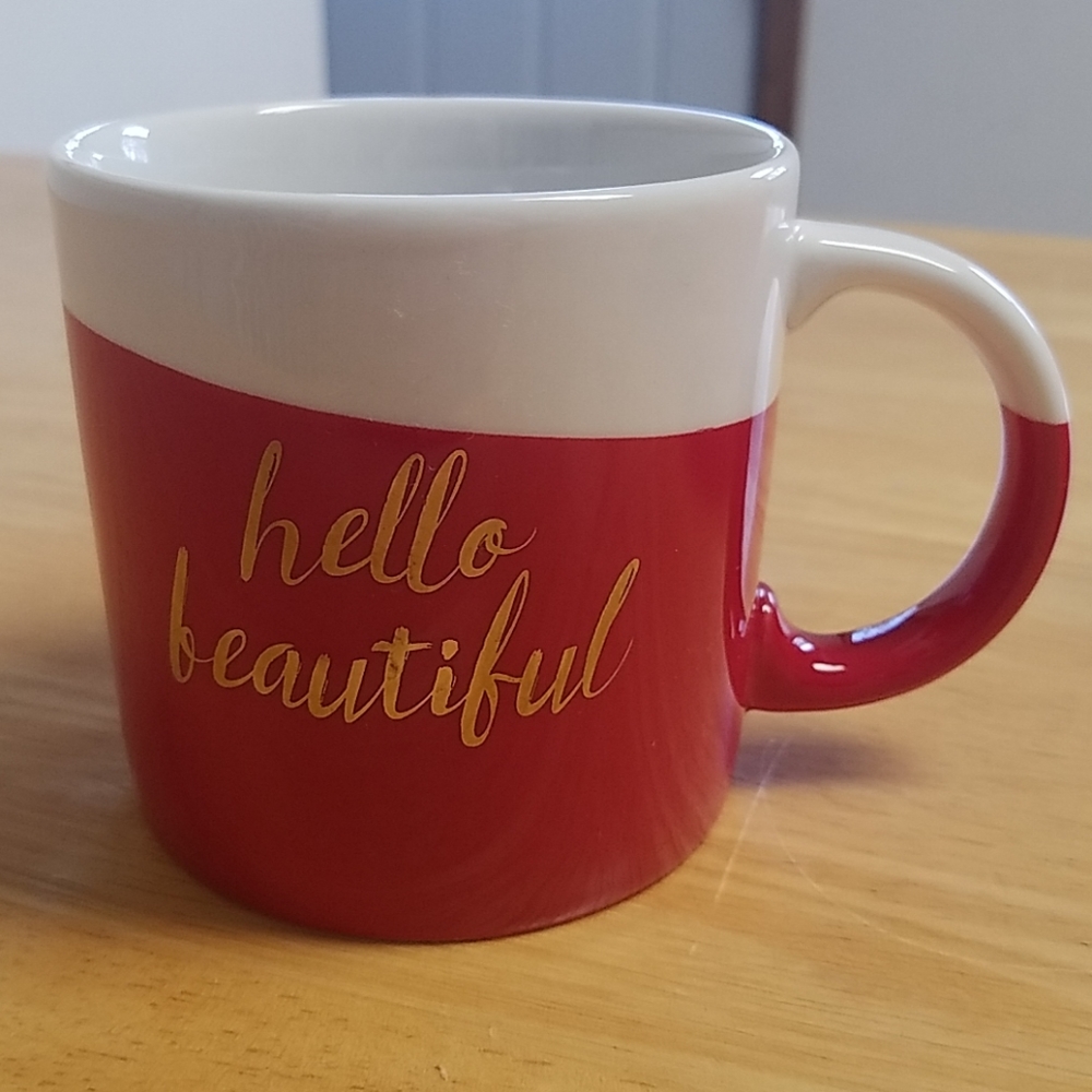 Red White Hello Beautiful Mug with Gold Lettering